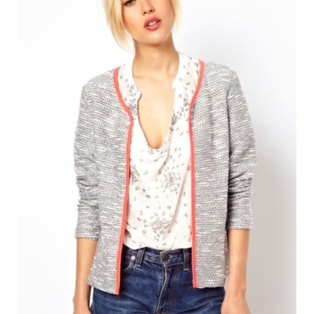 Asos Gray Marled Knit Open Blazer Jacket Cardigan Neon Orange Trim Career Size 8